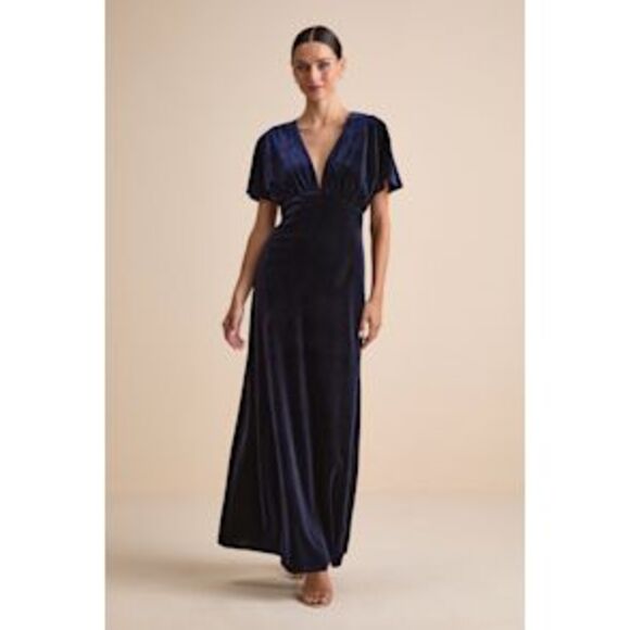 Lulus Women Mystical Charm Velvet Flutter Sleeve Maxi Dress Blue Navy M - Picture 1 of 3